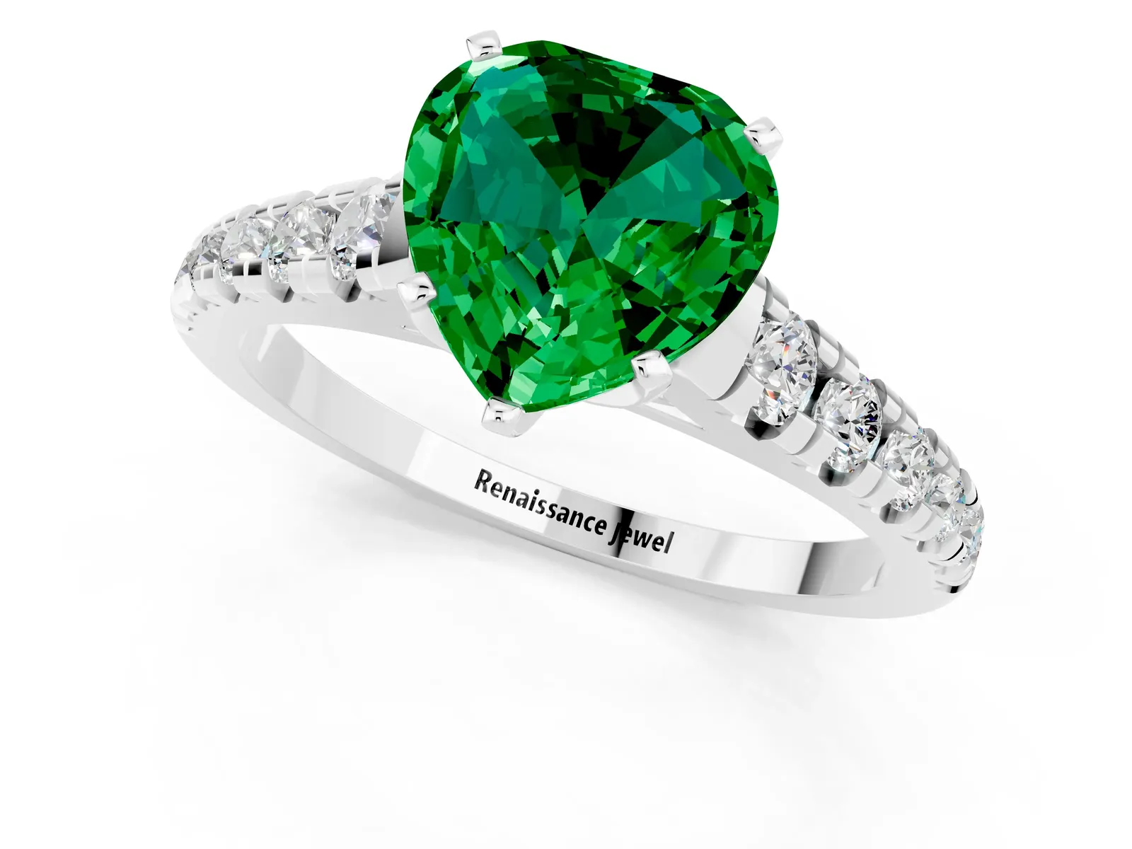 Heart Cut Emerald Cathedral Solitaire Ring with Round Pavé Band Platinum