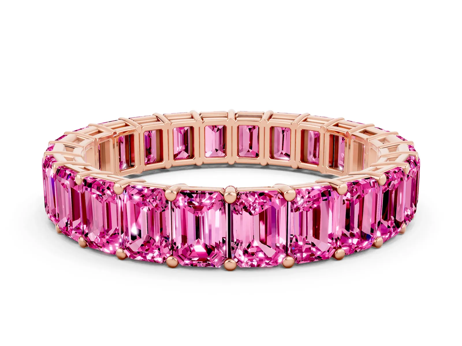 Emerald Cut Pink Sapphire Eternity Band with Shared Prong Setting Rose gold