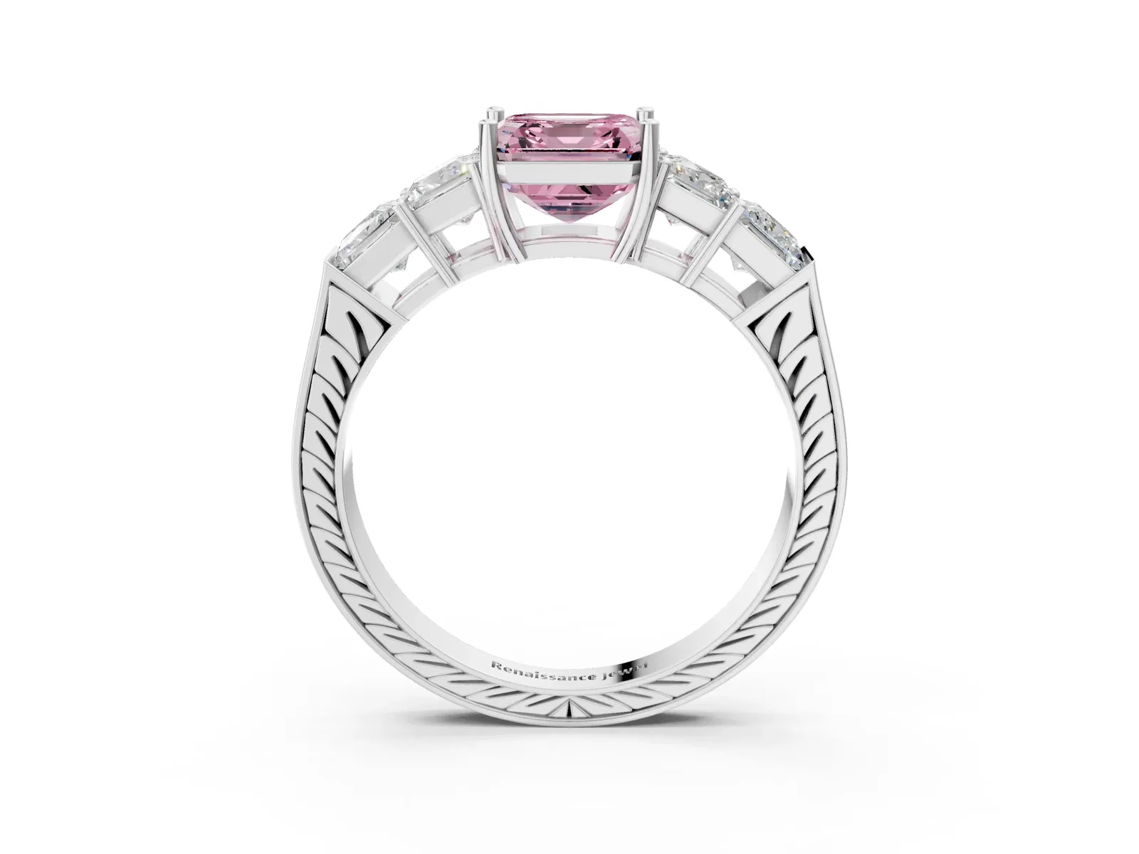 Fancy Pink Asscher Cut Solitaire Princess Side Stone Engraved Band Prong Setting Ring Platinum