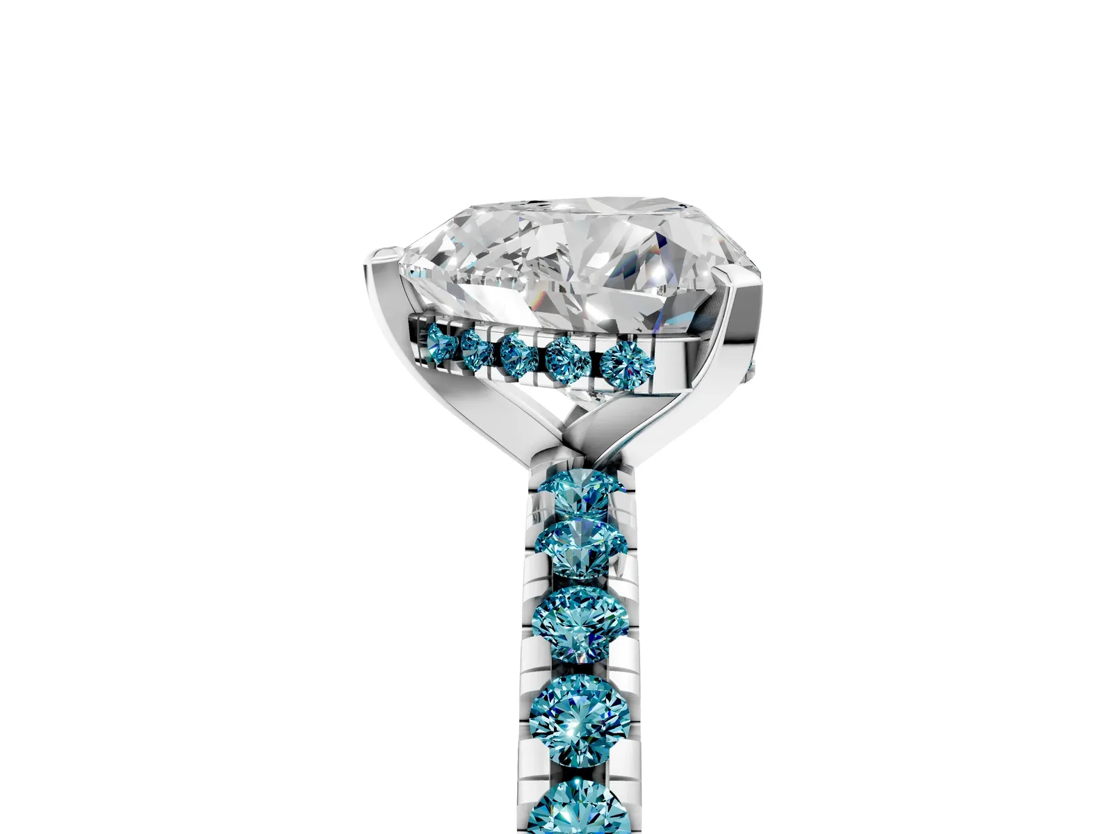 Heart Cut Diamond Solitaire Ring with Round Blue Topaz Pavé Band and Four-Prong Setting Platinum
