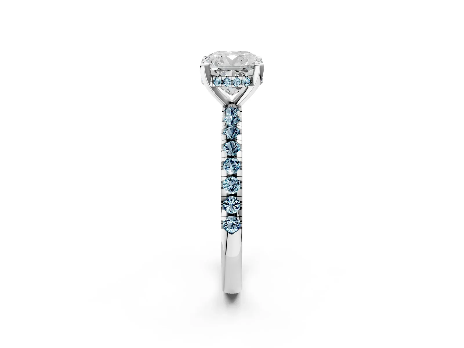 Cushion Cut Diamond Solitaire Ring with Round Aquamarine Pavé Band and Four-Prong Setting Platinum