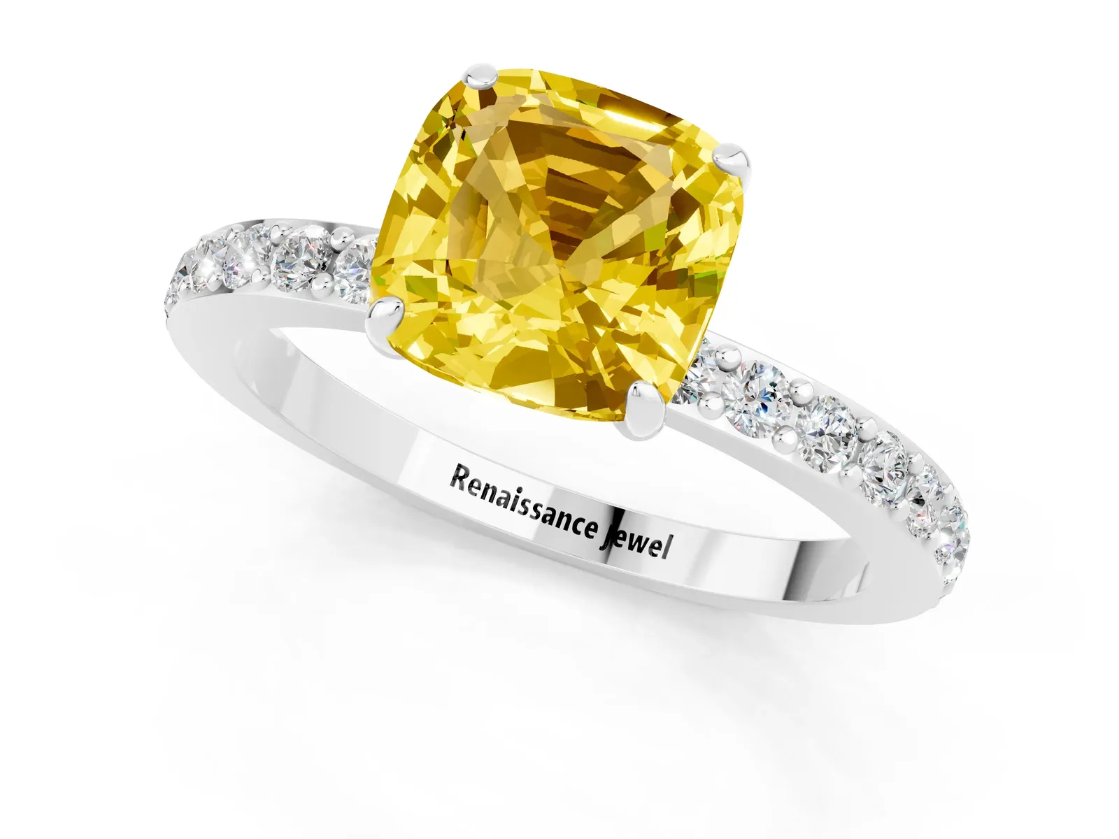 Cushion Cut Yellow Sapphire Solitaire Engagement Ring with Pavé Band and Four-Prong Setting Platinum
