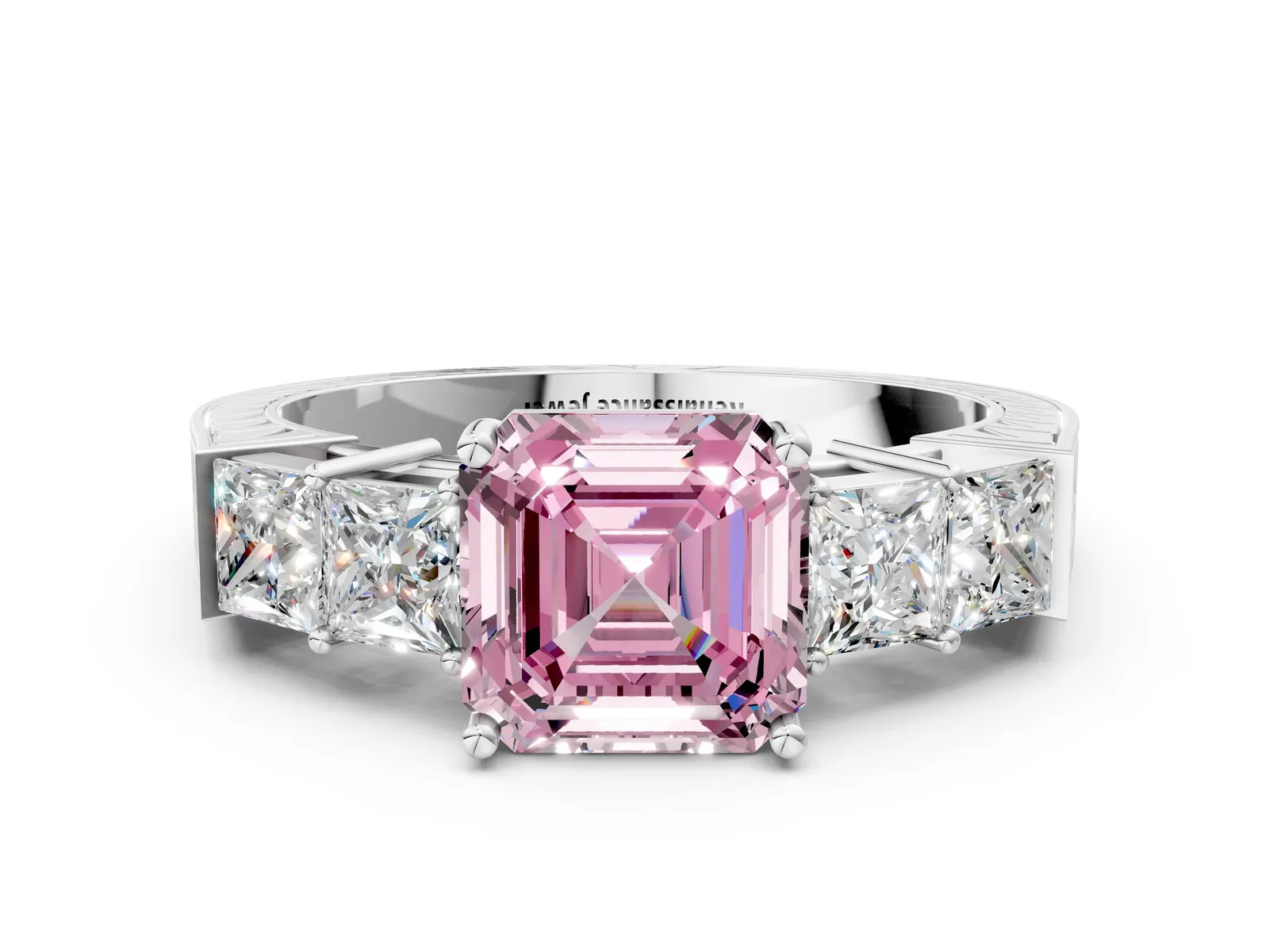 Fancy Pink Asscher Cut Solitaire Princess Side Stone Engraved Band Prong Setting Ring Platinum