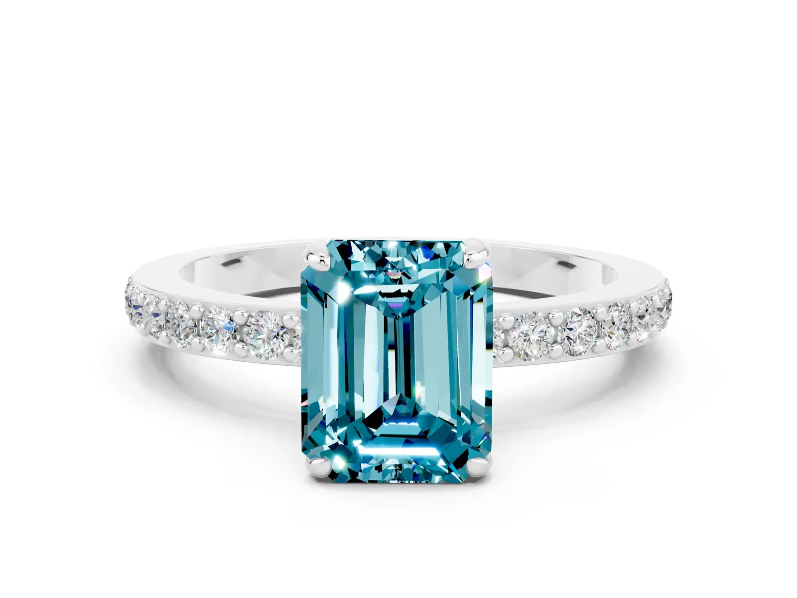 Emerald Cut Blue Topaz Solitaire Engagement Ring with Pavé Band and Four-Prong Setting Platinum