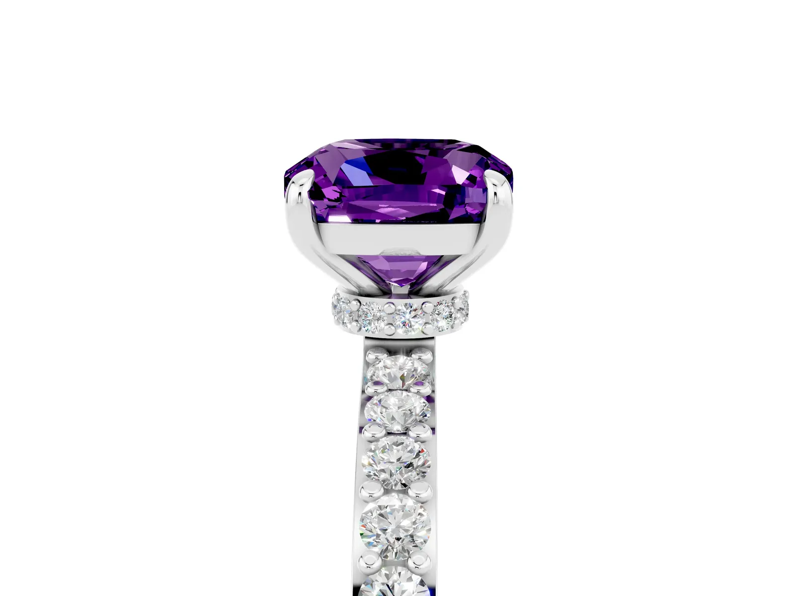 Cushion Cut Amethyst Solitaire Engagement Ring with Pavé Band and Four-Prong Setting Platinum