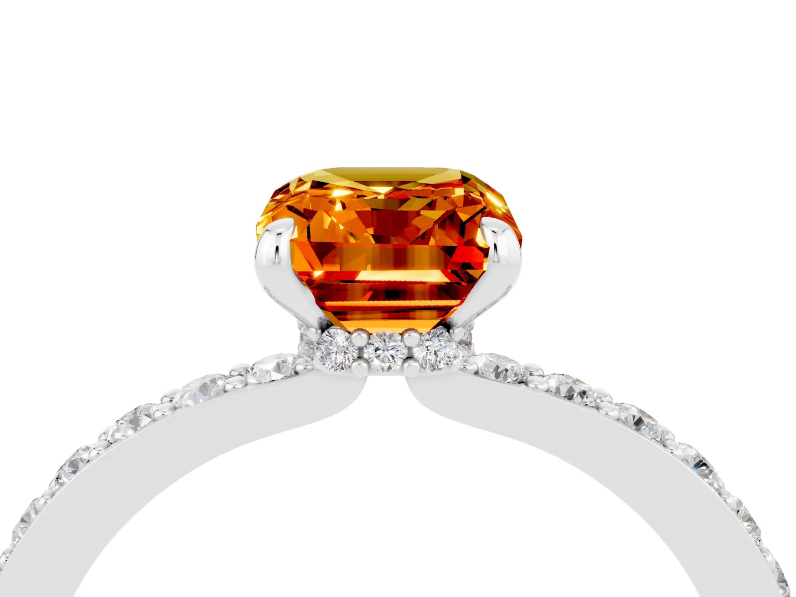 Emerald Cut Citrine Solitaire Engagement Ring with Pavé Band and Four-Prong Setting Platinum