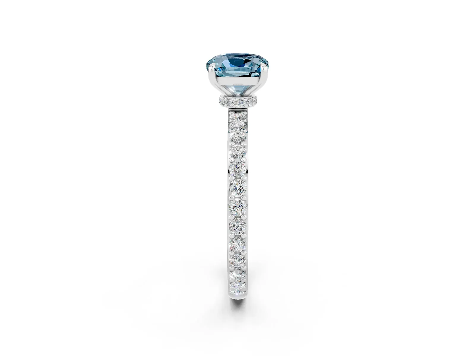 Cushion Cut Aquamarine Solitaire Engagement Ring with Pavé Band and Four-Prong Setting Platinum
