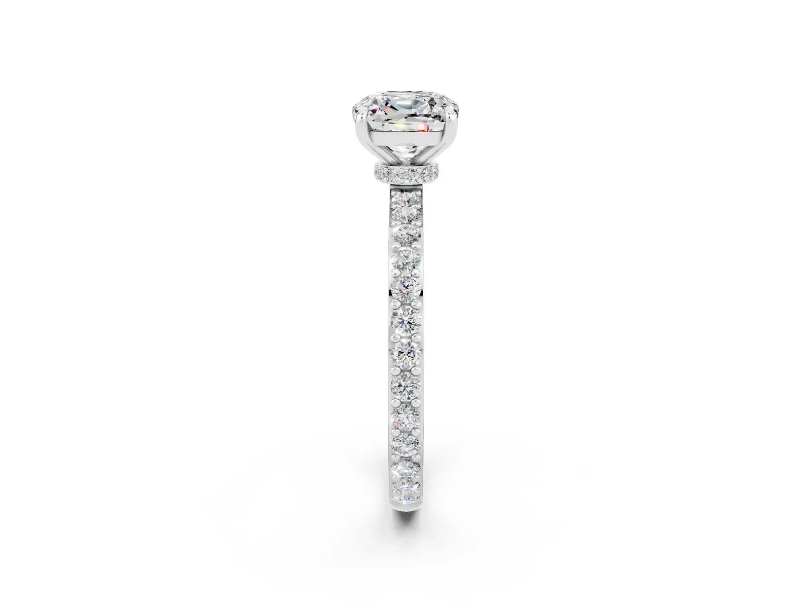 Cushion Cut Moissanite Solitaire Engagement Ring with Pavé Band and Four-Prong Setting Platinum