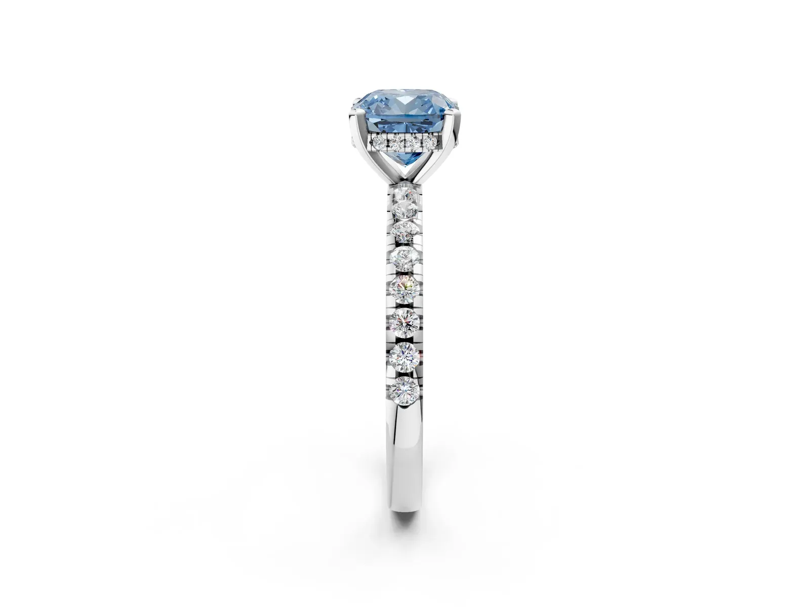 Fancy Blue Cushion Cut Diamond Solitaire Ring with Round Pavé Band and Four-Prong Setting Platinum