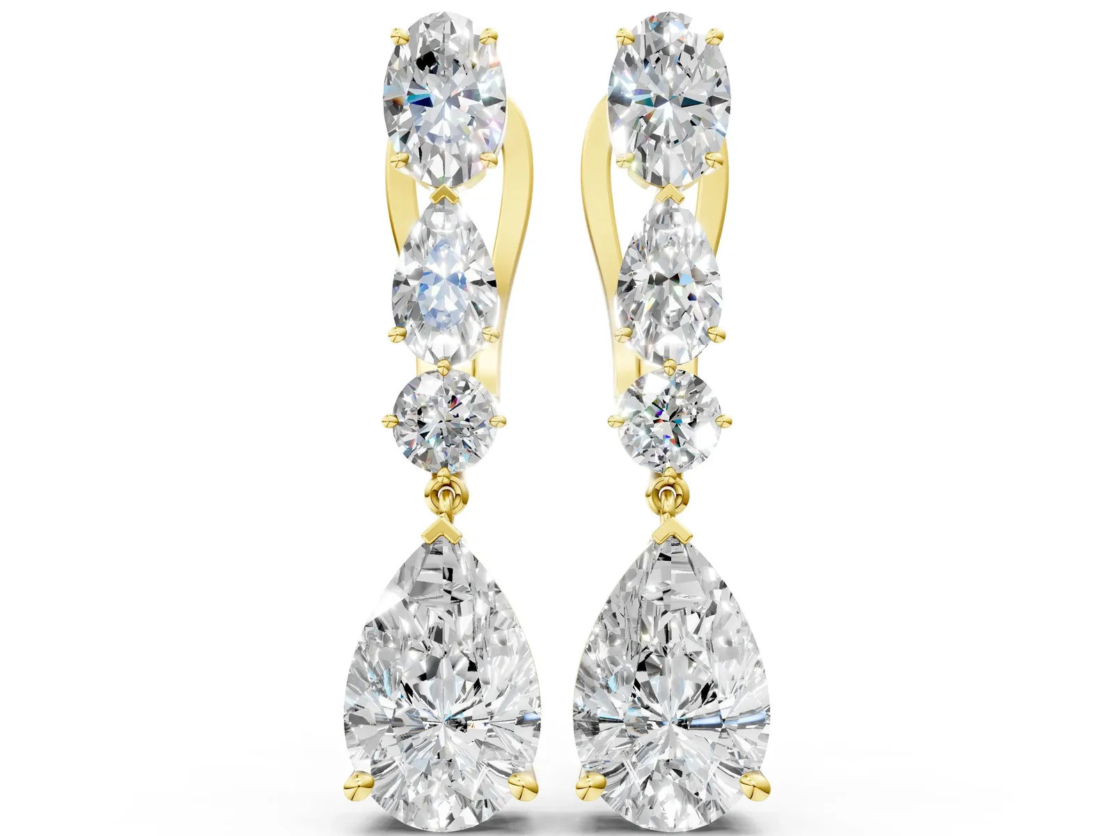 Oval, Pear and Round Diamond Huggie Drop Earrings Yellow gold