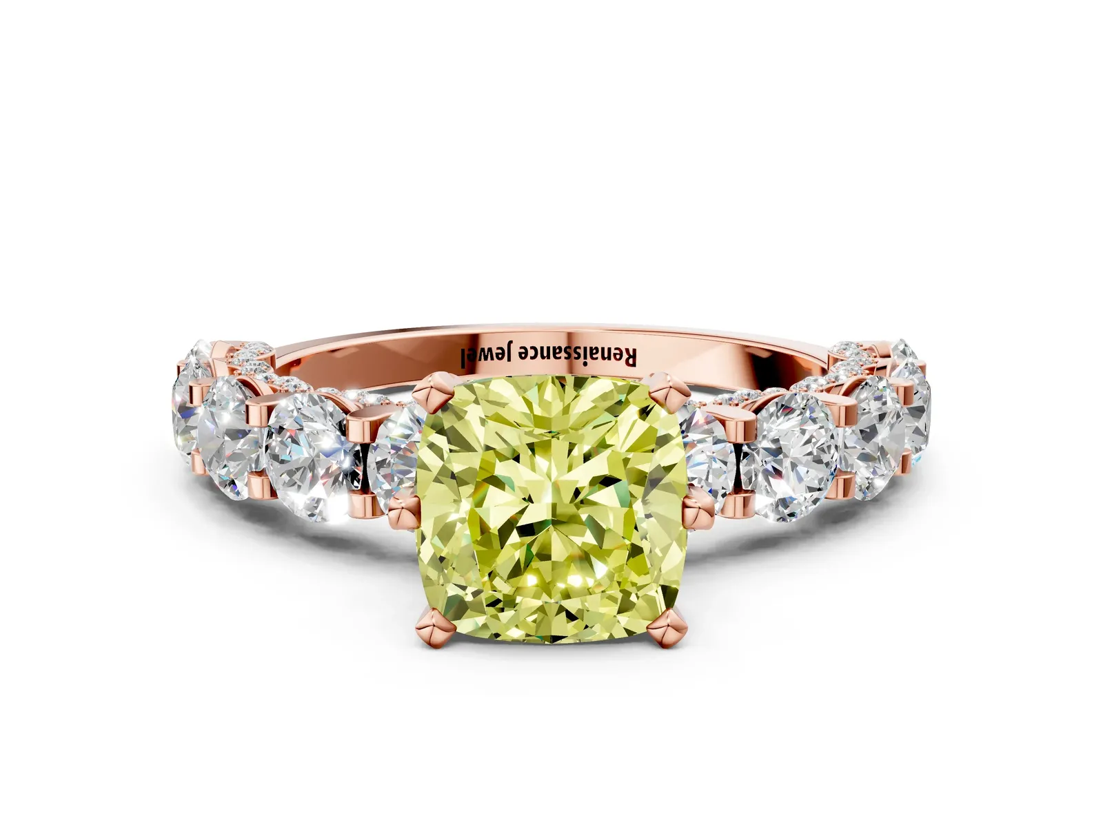 Fancy Yellow Cushion Cut Diamond Side Stone Engagement Ring with Four-Prong Setting Rose gold