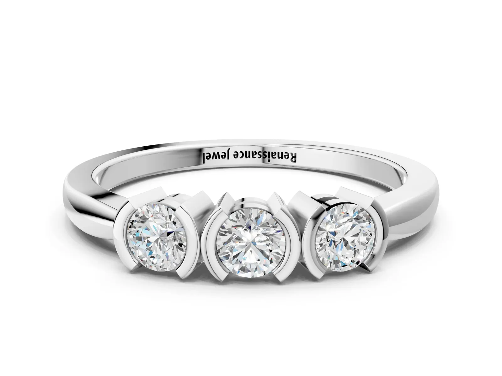 Three-Stone Round Diamond Half Bezel Prong Band Platinum