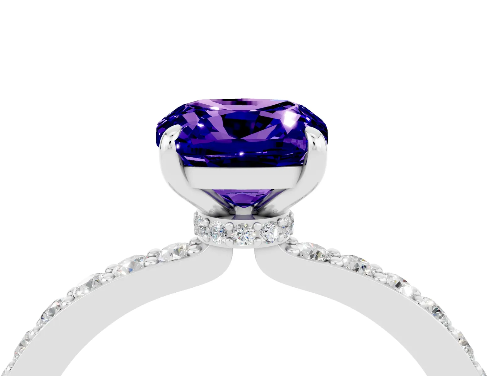 Cushion Cut Tanzanite Solitaire Engagement Ring with Pavé Band and Four-Prong Setting Platinum