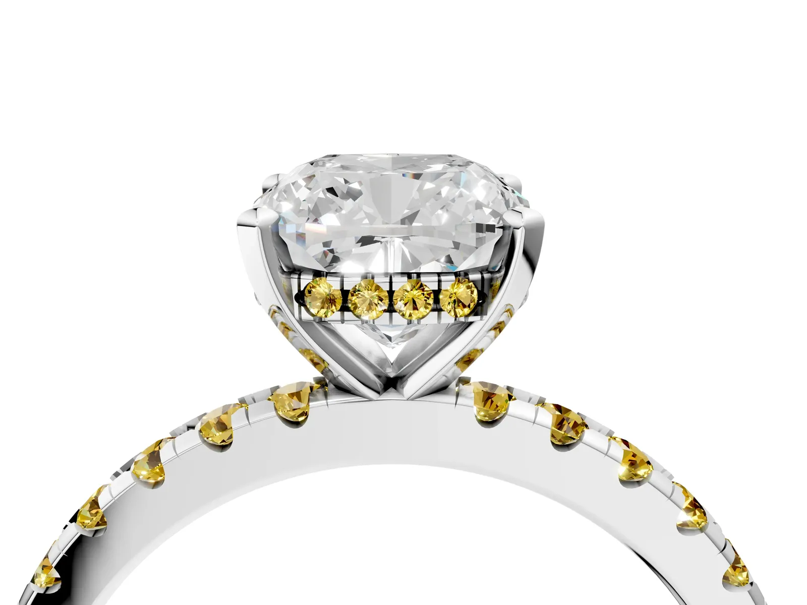 Cushion Cut Diamond Solitaire Ring with Round Yellow Sapphire Pavé Band and Four-Prong Setting Platinum