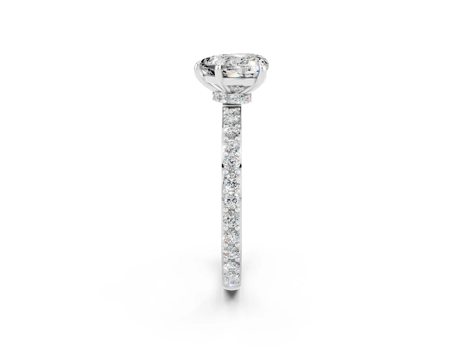 Heart Cut Moissanite Solitaire Engagement Ring with Pavé Band and Four-Prong Setting Platinum