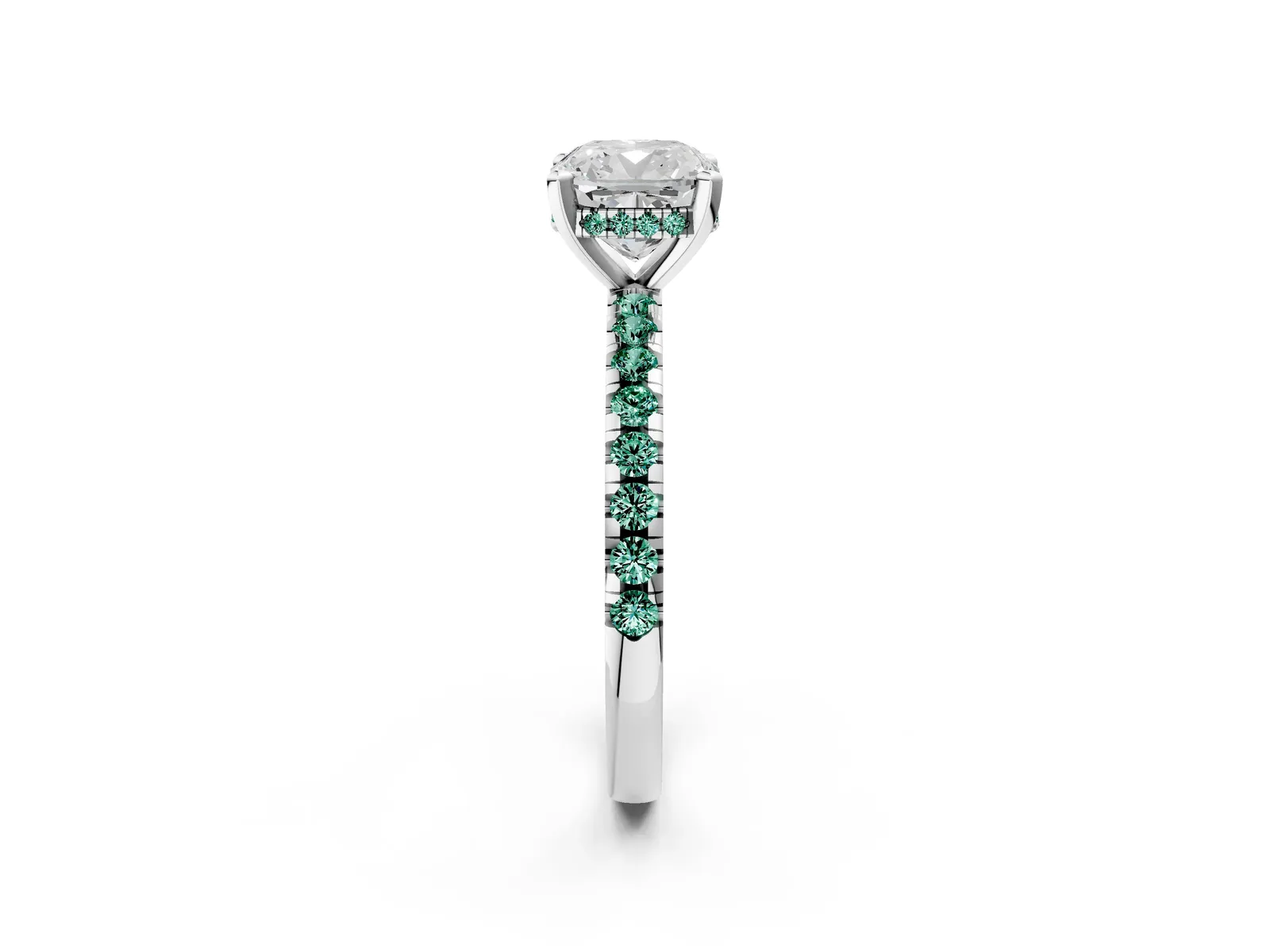 Cushion Cut Diamond Solitaire Ring with Round Green Sapphire Pavé Band and Four-Prong Setting Platinum