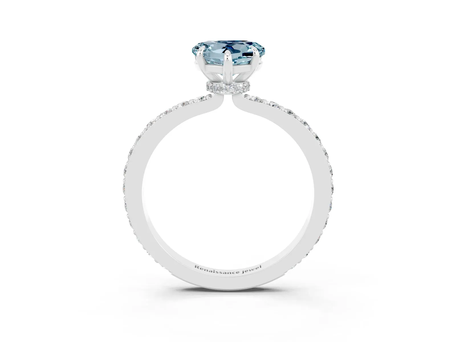 Heart Cut Aquamarine Solitaire Engagement Ring with Pavé Band and Four-Prong Setting Platinum