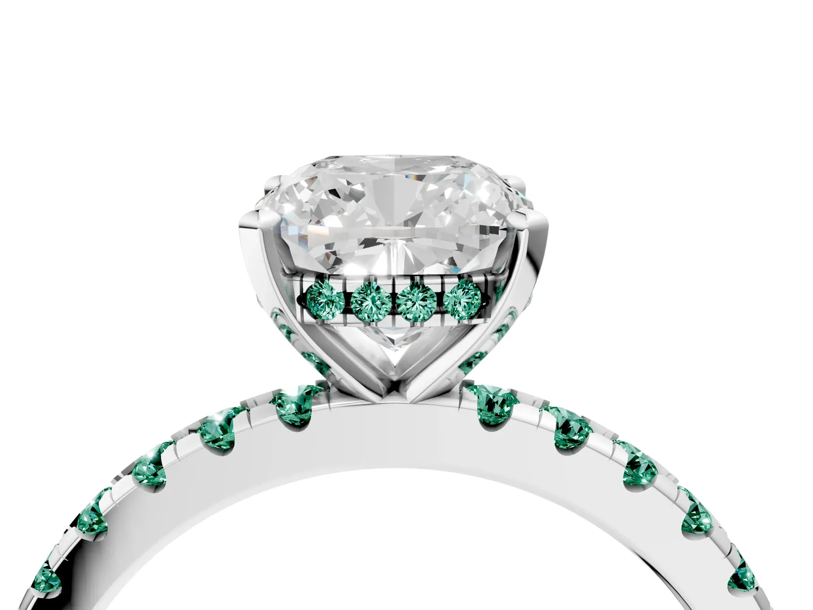 Cushion Cut Diamond Solitaire Ring with Round Green Sapphire Pavé Band and Four-Prong Setting Platinum