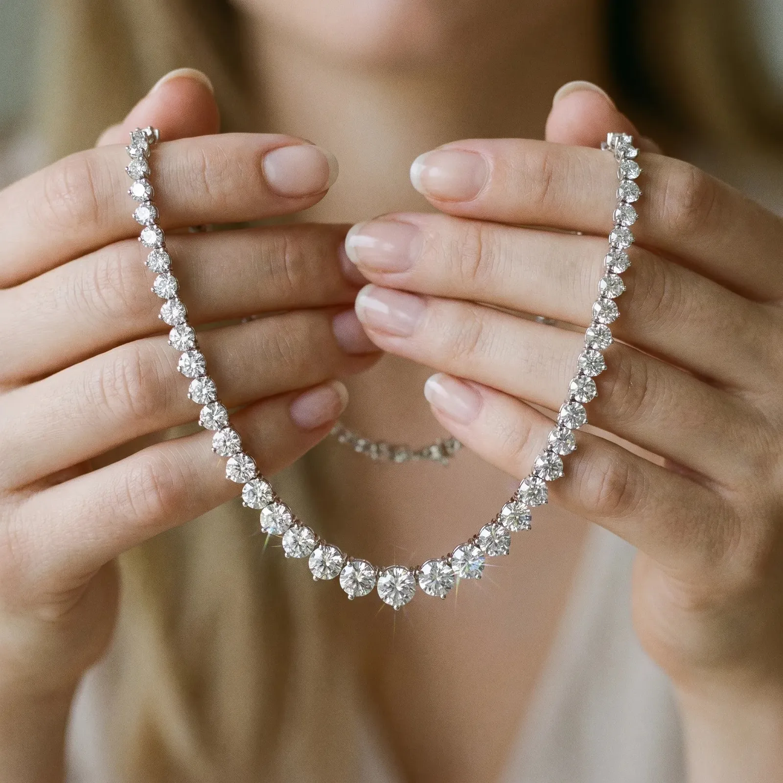 Round Cut Brilliant Graduated Diamond Tennis Necklace with Four-Prong Setting Silver