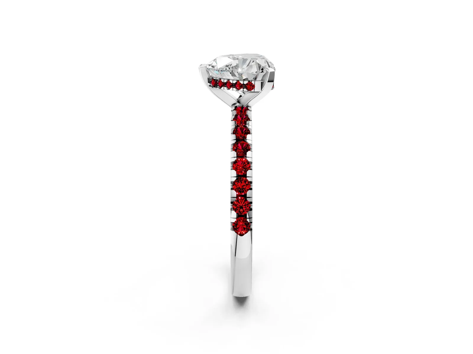 Heart Cut Diamond Solitaire Ring with Round Ruby Pavé Band and Four-Prong Setting Platinum