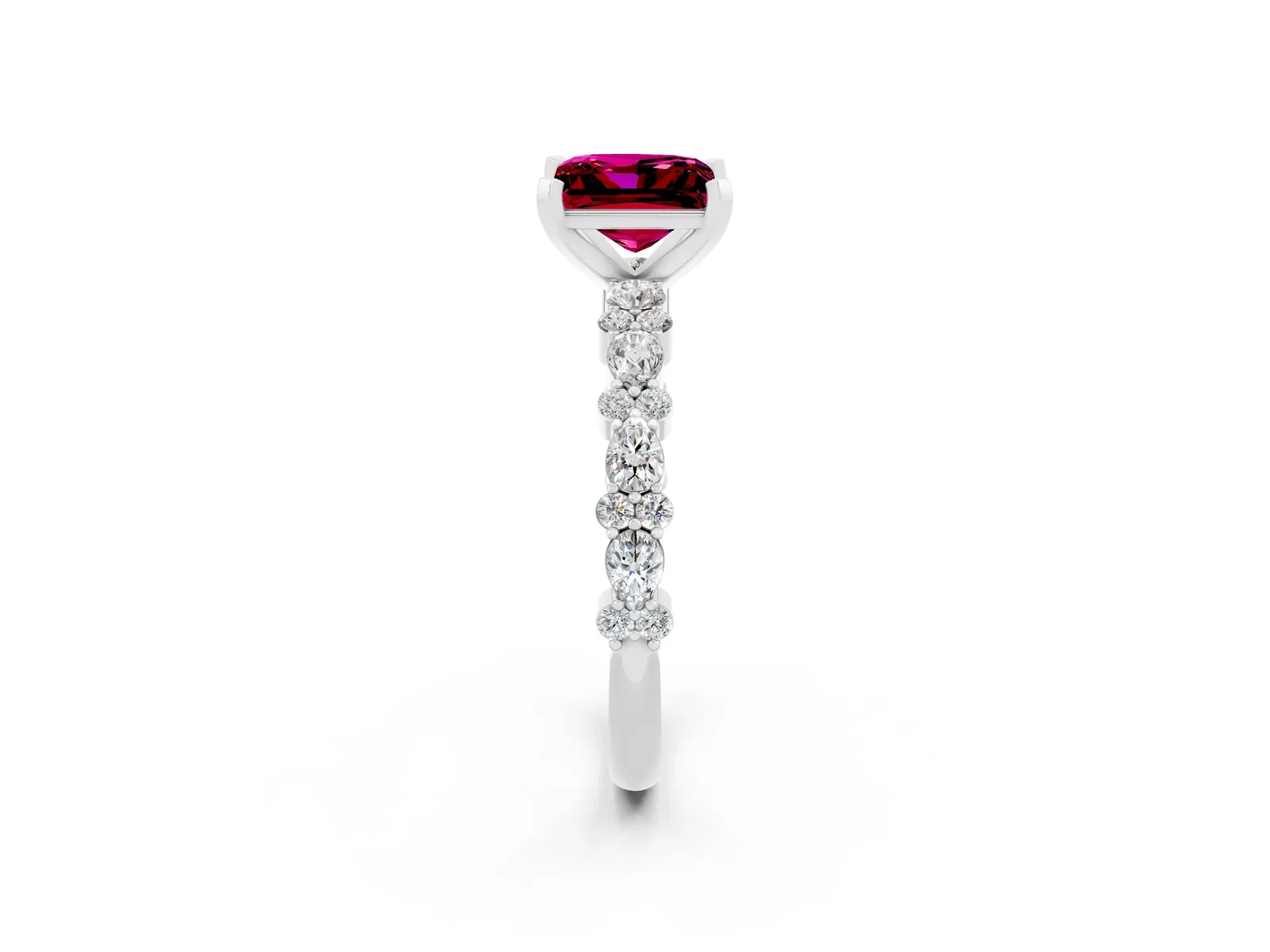 Princess Cut Garnet Side Stone Solitaire Ring with Round and Four-Prong Setting Platinum
