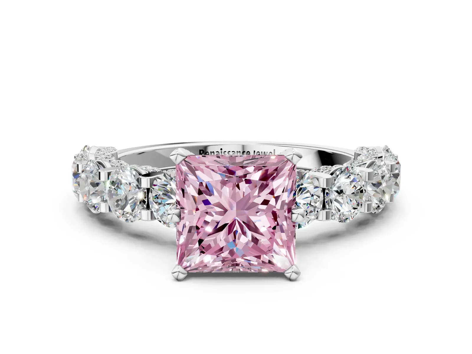 Fancy Pink Princess Cut Diamond Side Stone Engagement Ring with Four-Prong Setting Silver
