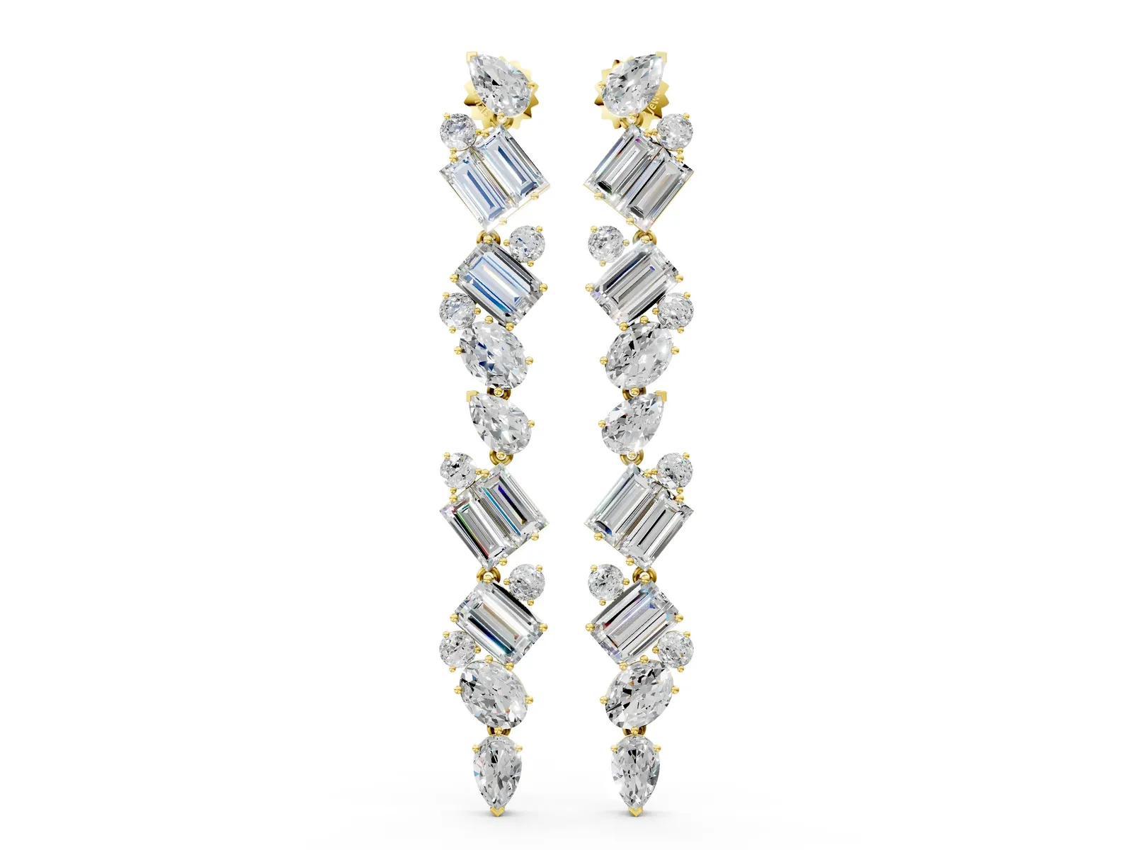 Pear, Emerald, and Round Diamond Linear Drop Earrings Yellow gold