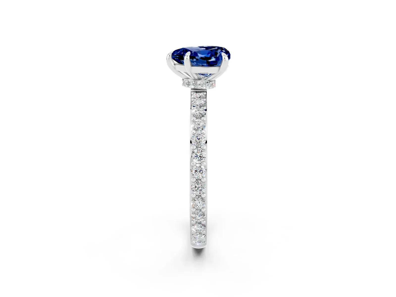 Heart Cut Blue Sapphire Solitaire Engagement Ring with Pavé Band and Four-Prong Setting Platinum