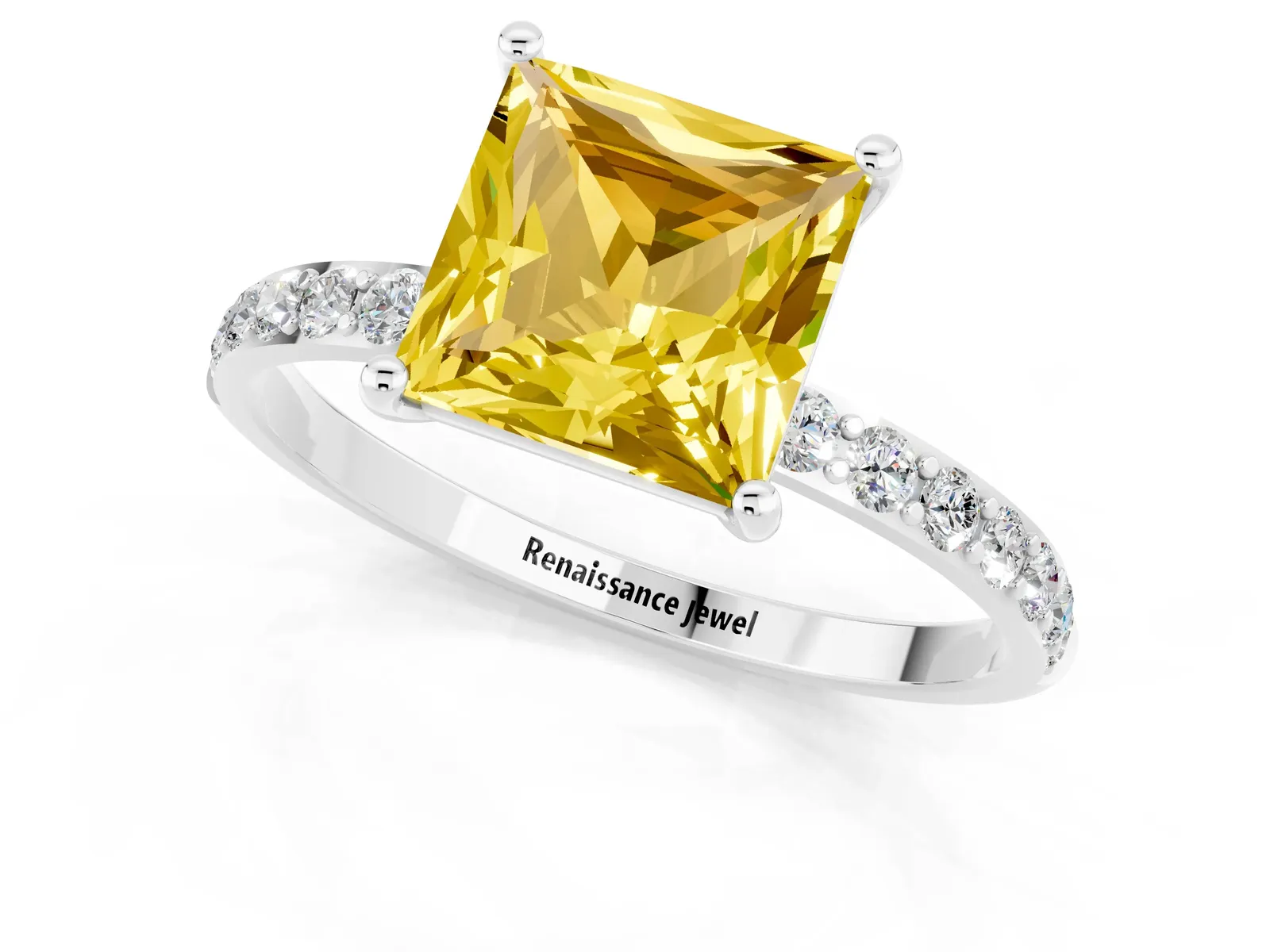 Princess Cut Yellow Sapphire Solitaire Ring with Round Pavé Band and Prong Setting Platinum
