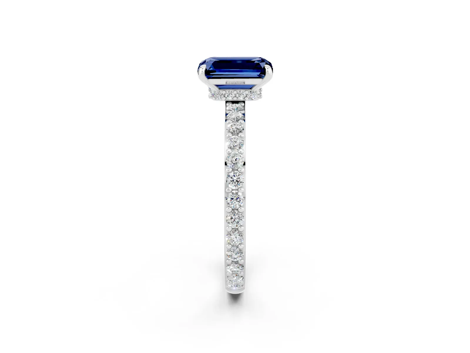 Emerald Cut Blue Sapphire Solitaire Engagement Ring with Pavé Band and Four-Prong Setting Platinum