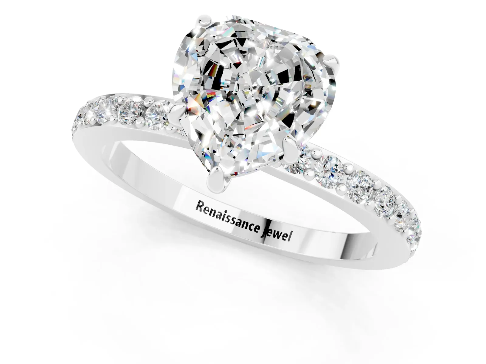 Heart Cut Moissanite Solitaire Engagement Ring with Pavé Band and Four-Prong Setting Platinum