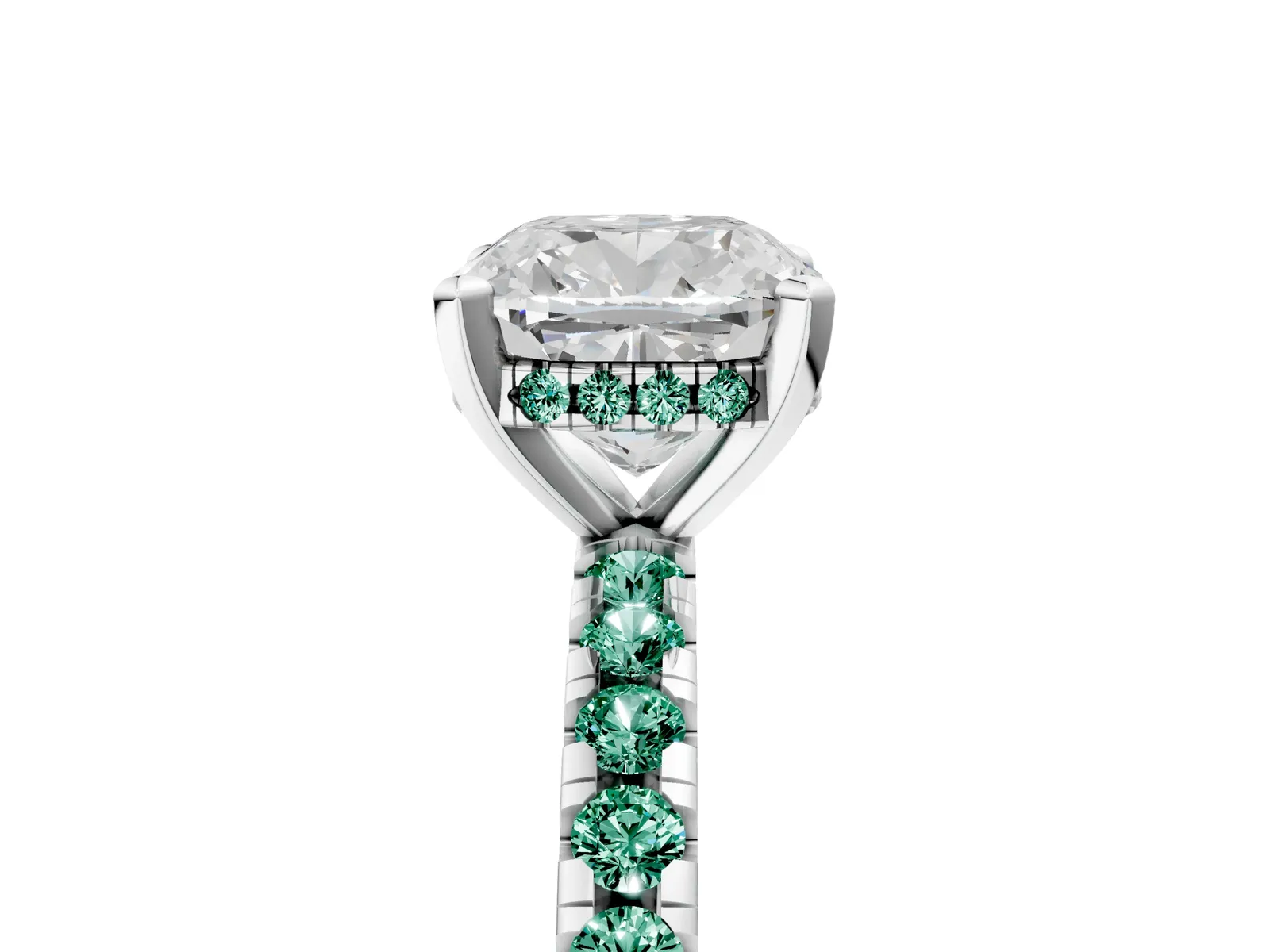 Cushion Cut Diamond Solitaire Ring with Round Green Sapphire Pavé Band and Four-Prong Setting Platinum