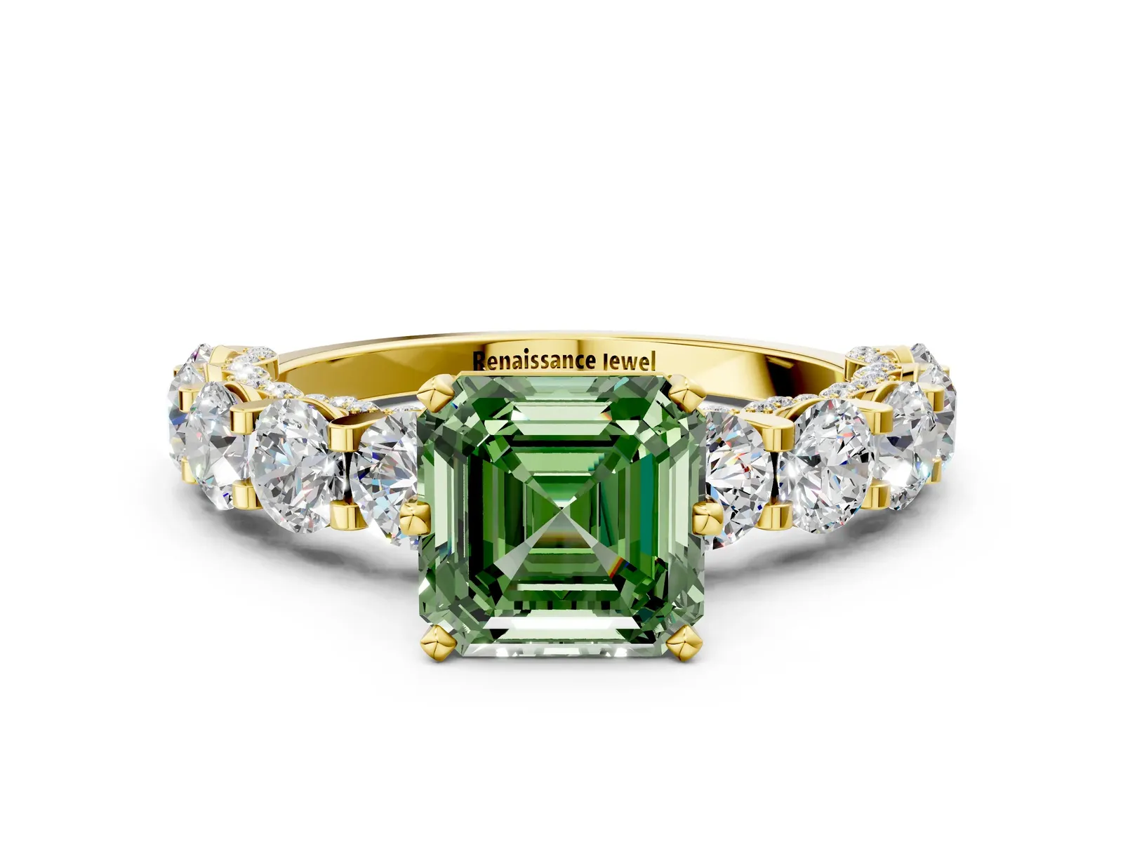 Fancy Green Asscher Cut Diamond Side Stone Engagement Ring with Four-Prong Setting Yellow gold
