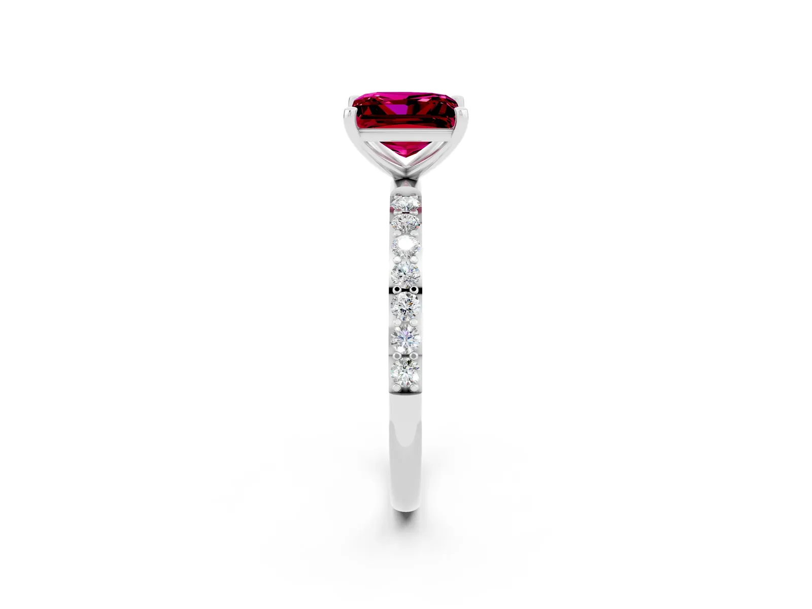 Princess Cut Garnet Solitaire Ring with Round Pavé Band and Prong Setting Platinum