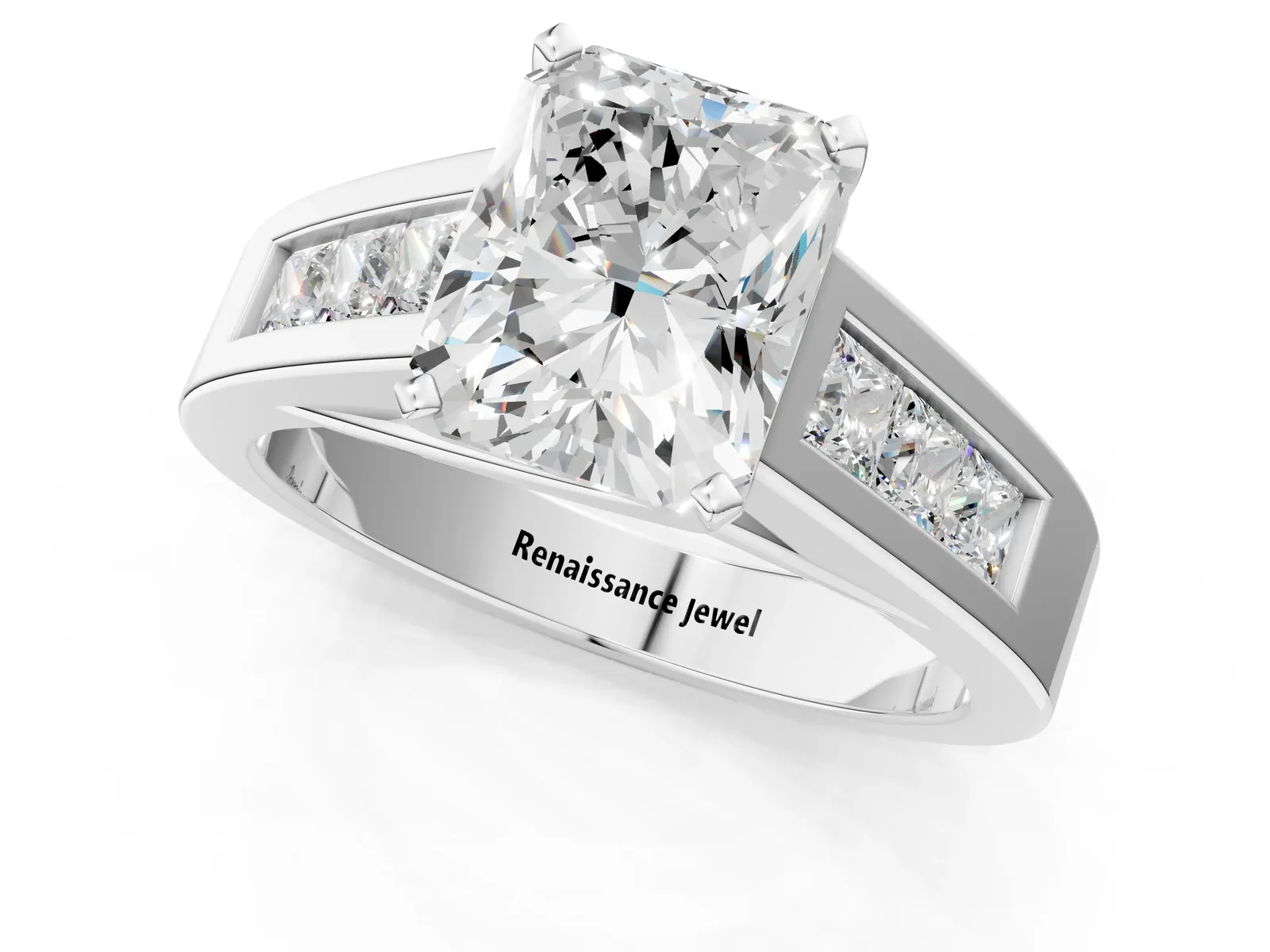 Radiant Cut Cut Channel Set Solitaire Ring with Four-Prong Setting Platinum