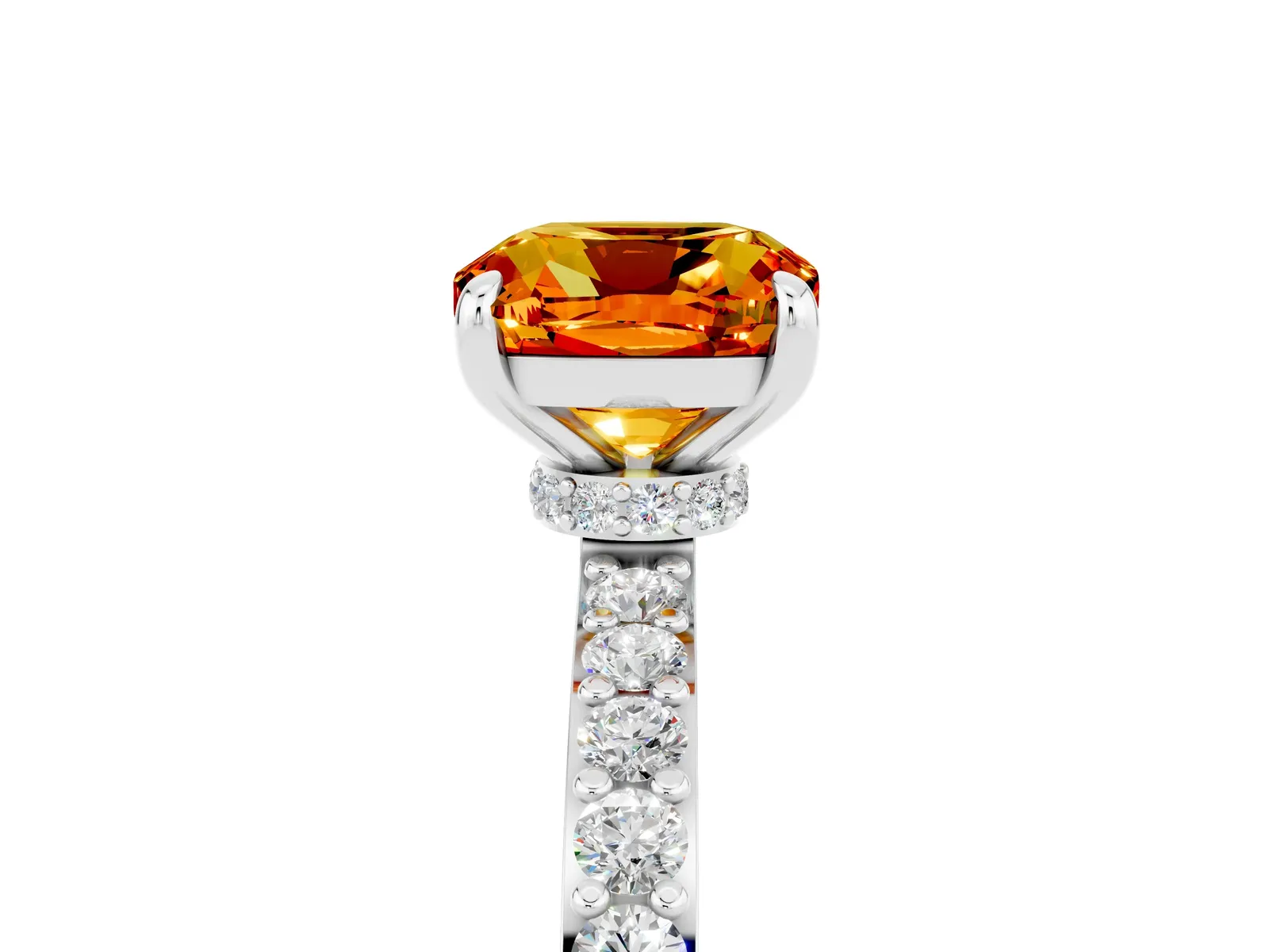 Cushion Cut Citrine Solitaire Engagement Ring with Pavé Band and Four-Prong Setting Platinum