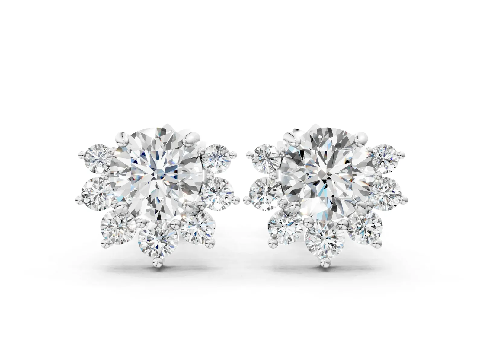 Cluster Round Diamond Stud Earrings with White Gold Band and Four-Prong Setting Silver
