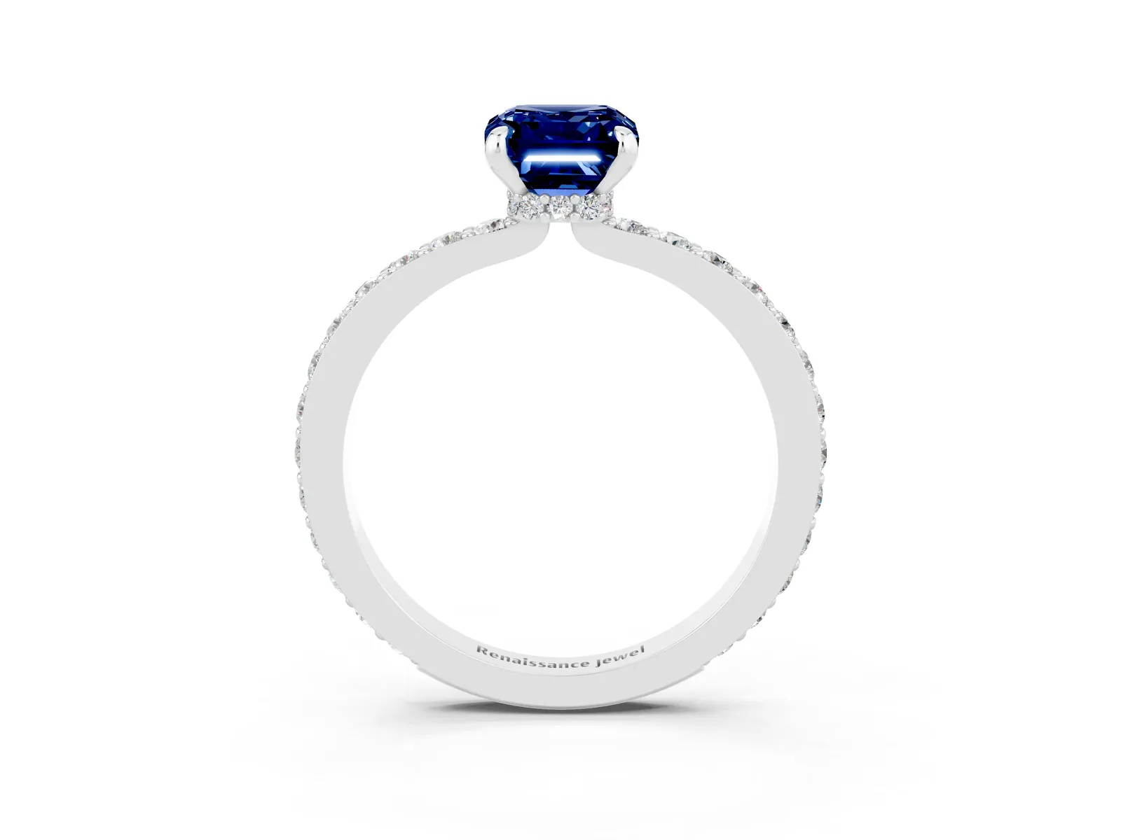 Emerald Cut Blue Sapphire Solitaire Engagement Ring with Pavé Band and Four-Prong Setting Platinum