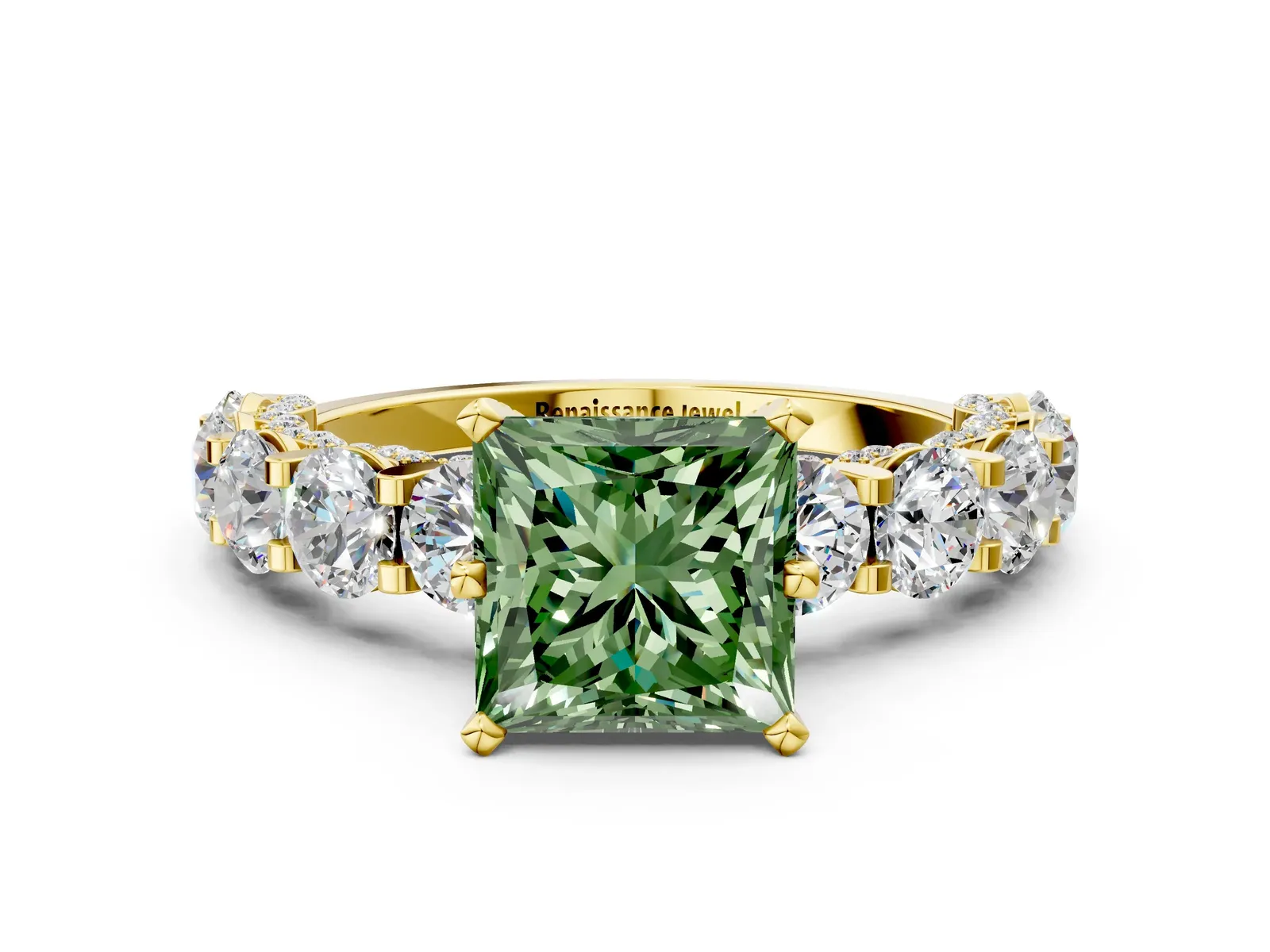 Fancy Green Princess Cut Diamond Side Stone Engagement Ring with Four-Prong Setting Yellow gold