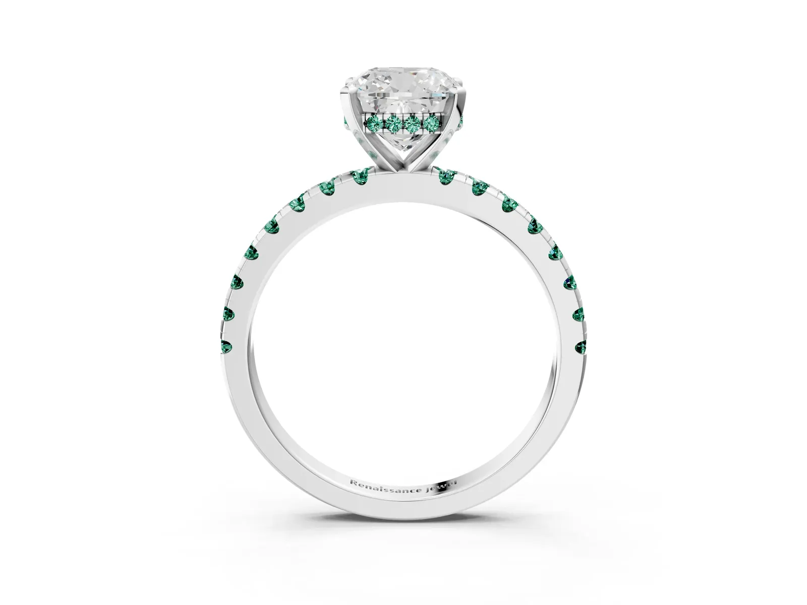 Cushion Cut Diamond Solitaire Ring with Round Green Sapphire Pavé Band and Four-Prong Setting Platinum