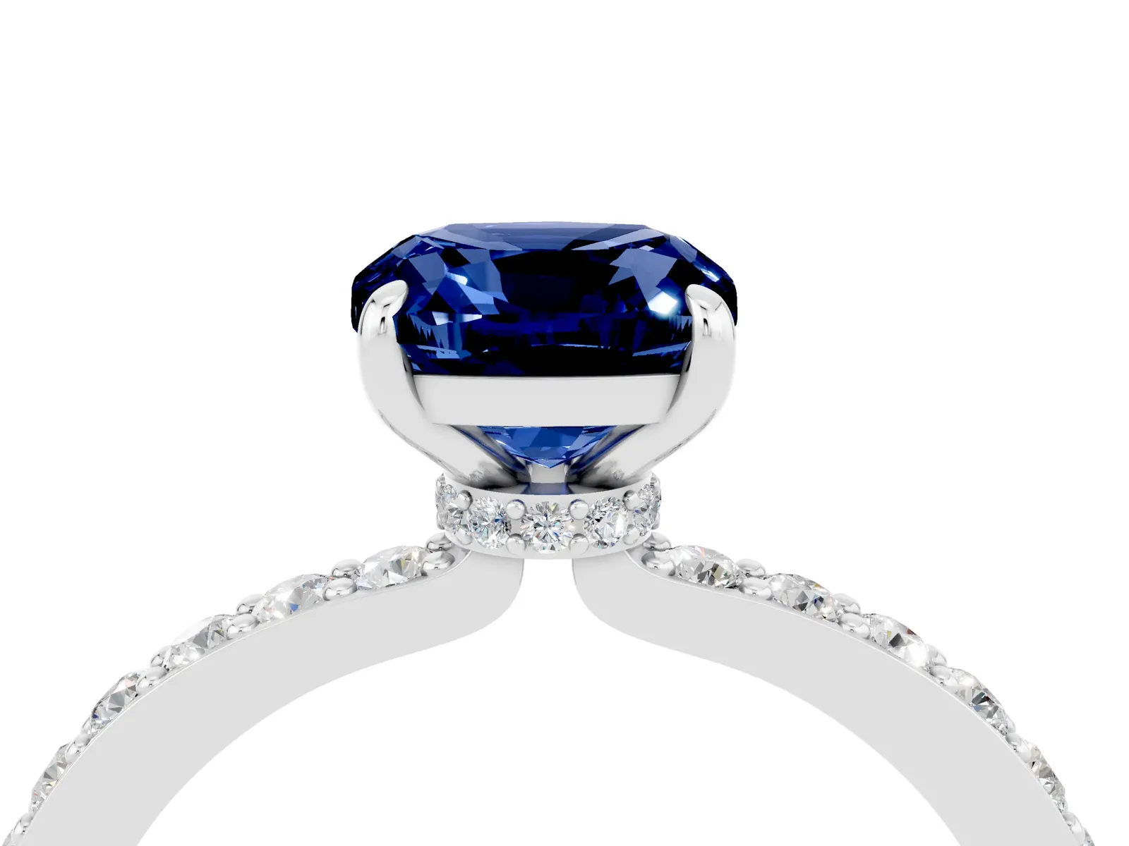 Cushion Cut Blue Sapphire Solitaire Engagement Ring with Pavé Band and Four-Prong Setting Platinum
