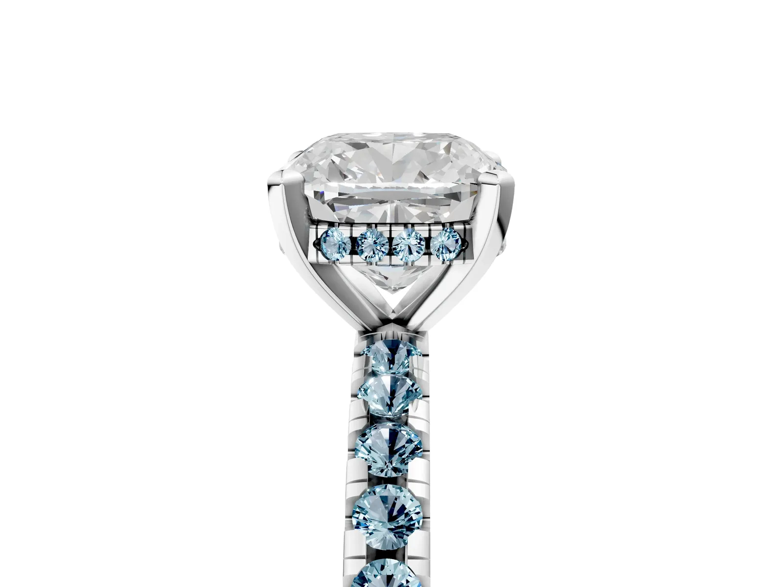 Cushion Cut Diamond Solitaire Ring with Round Aquamarine Pavé Band and Four-Prong Setting Platinum