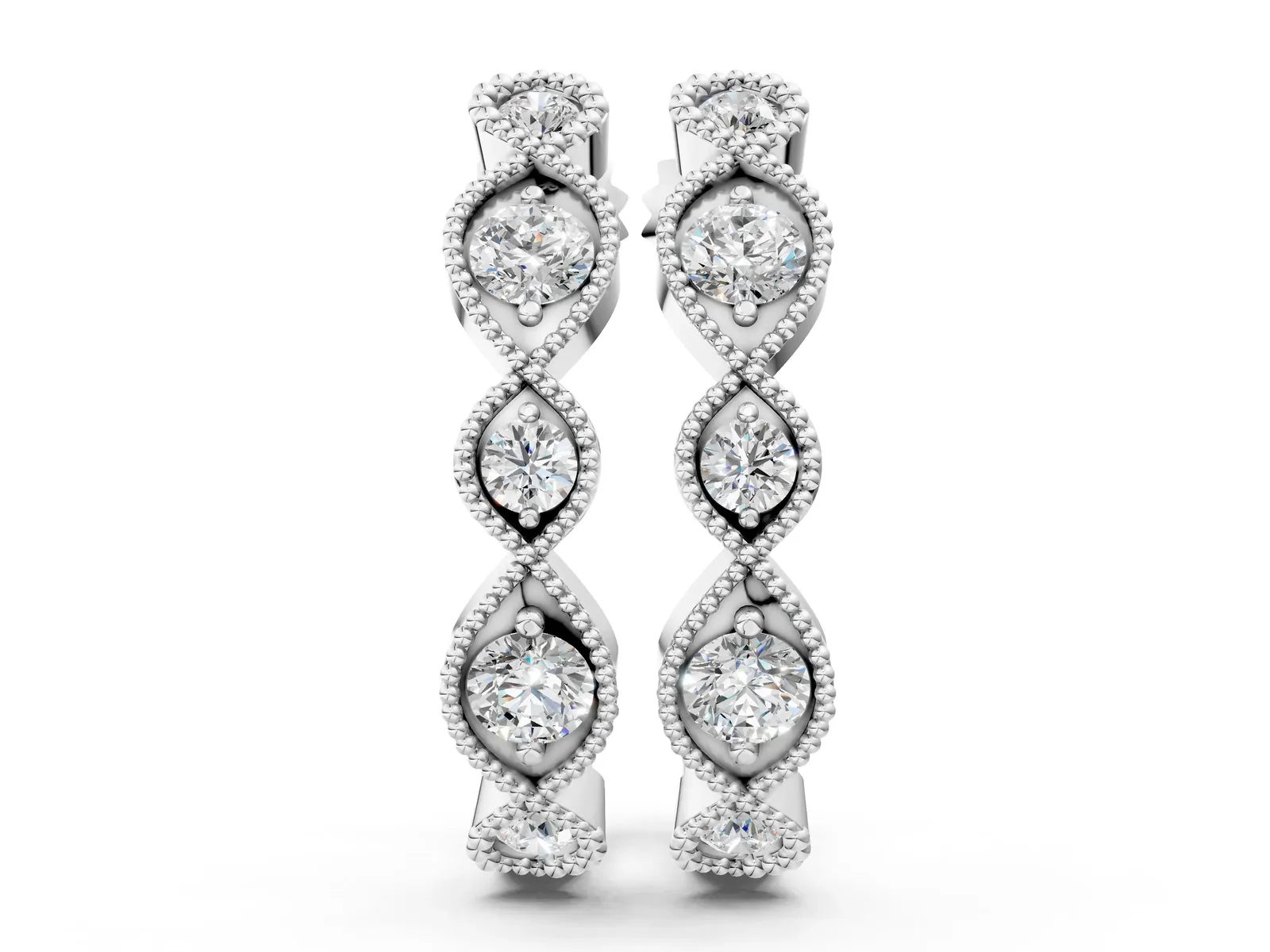 Milgrain Marquise Diamond Hoop Earrings with Bezel Setting Silver