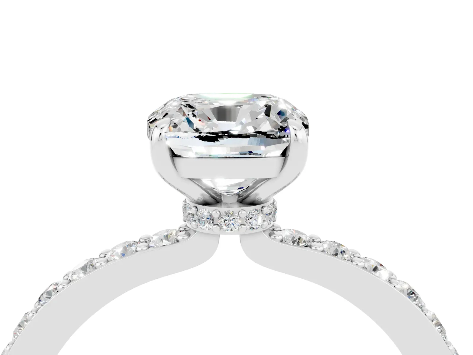 Cushion Cut Moissanite Solitaire Engagement Ring with Pavé Band and Four-Prong Setting Platinum