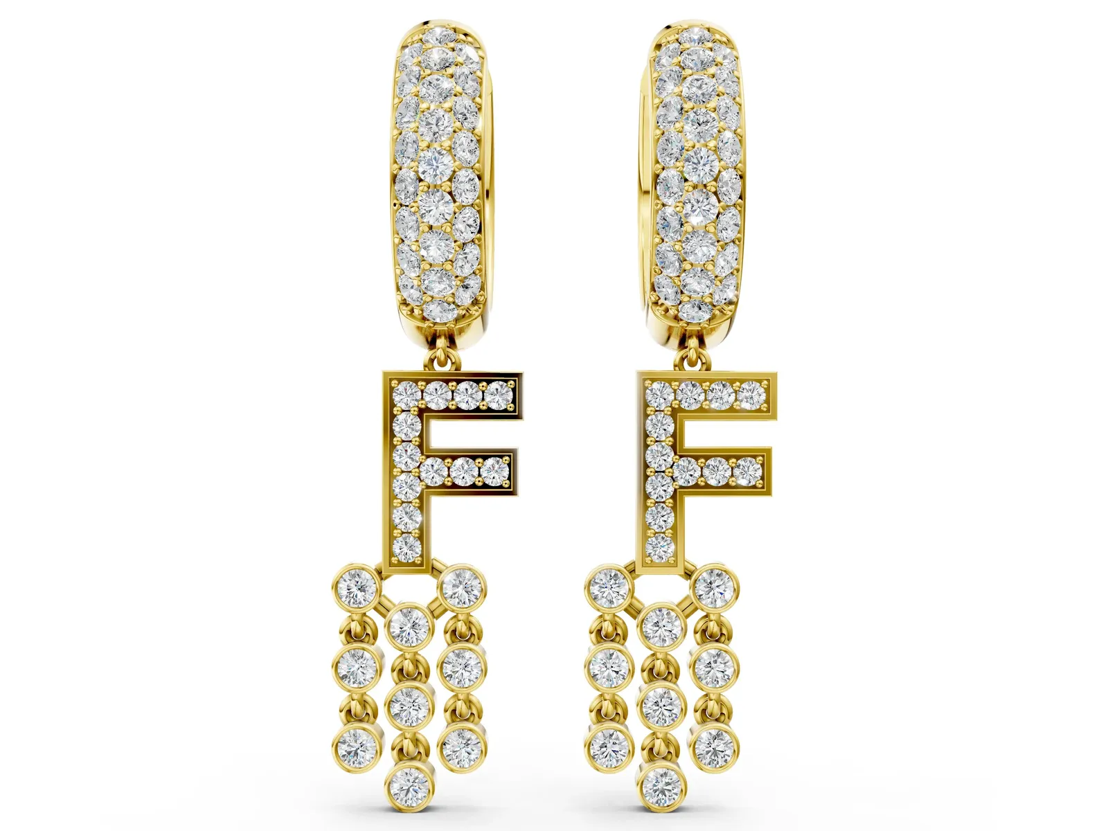 Round Diamond Initial F Huggie Hoop Earrings Yellow gold