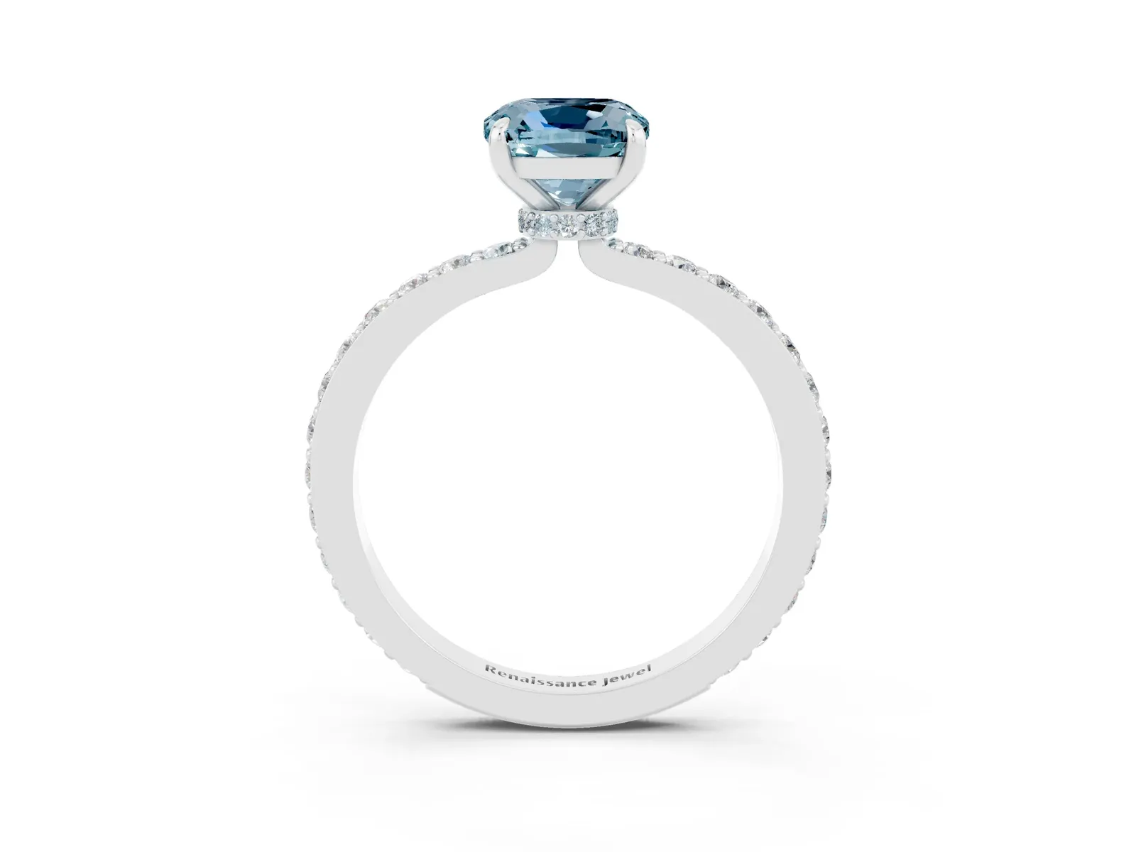 Cushion Cut Aquamarine Solitaire Engagement Ring with Pavé Band and Four-Prong Setting Platinum