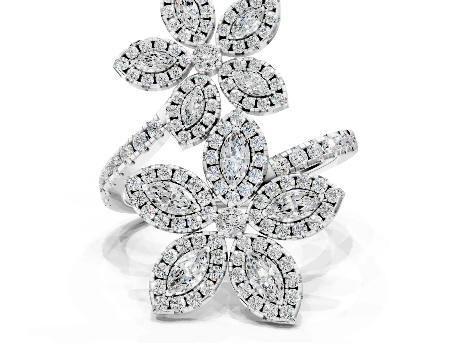 Marquise Diamond Floral Promise Ring with Round Diamond Accents White gold