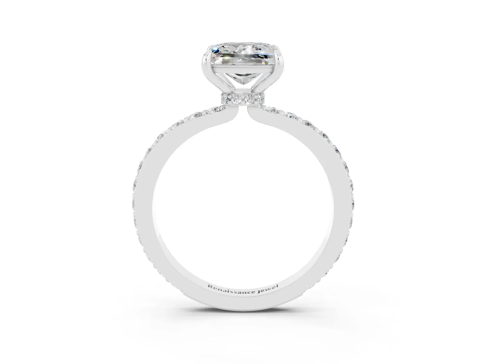 Princess Cut Moissanite Solitaire Engagement Ring with Pavé Band and Four-Prong Setting Platinum