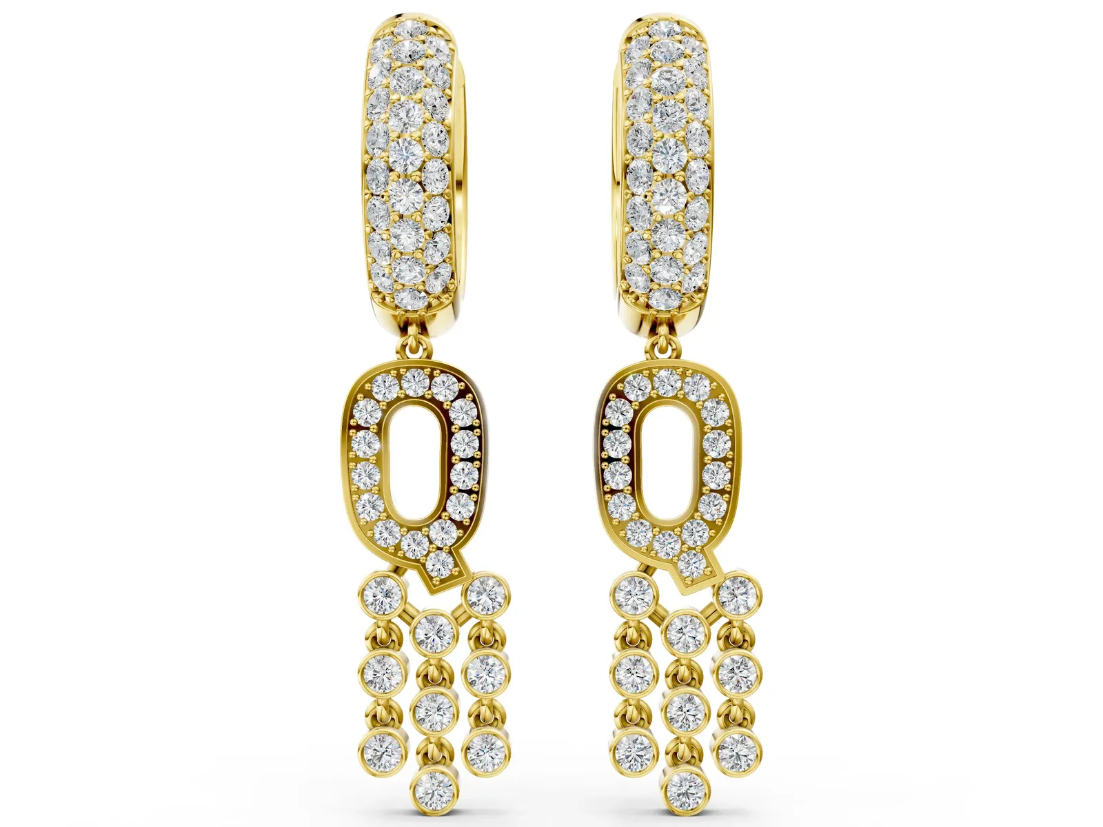 Round Diamond Initial Q Huggie Hoop Earrings Yellow gold