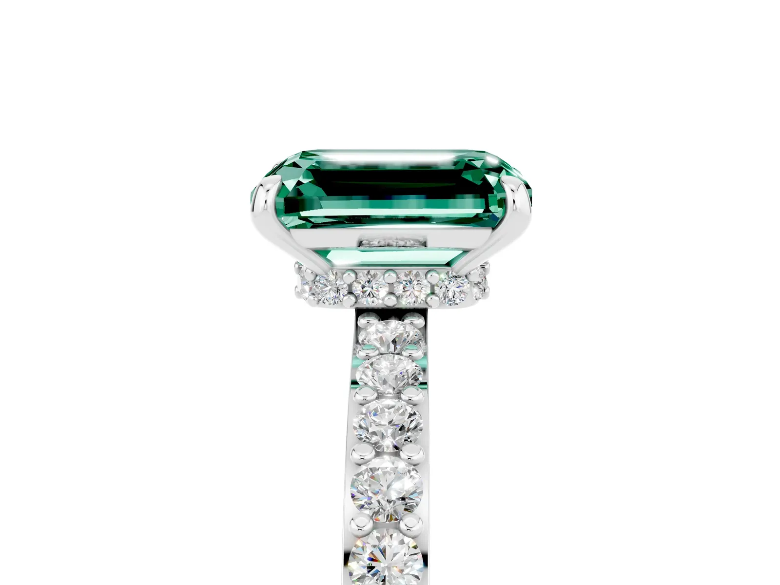 Emerald Cut Green Sapphire Solitaire Engagement Ring with Pavé Band and Four-Prong Setting Platinum